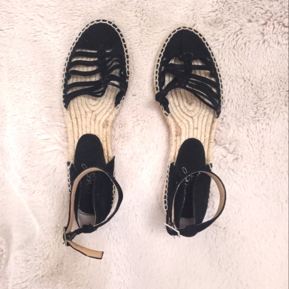 Jewel Badgley Mischka Black Suede Strappy Espadrilles with Buckle Ankle Strap